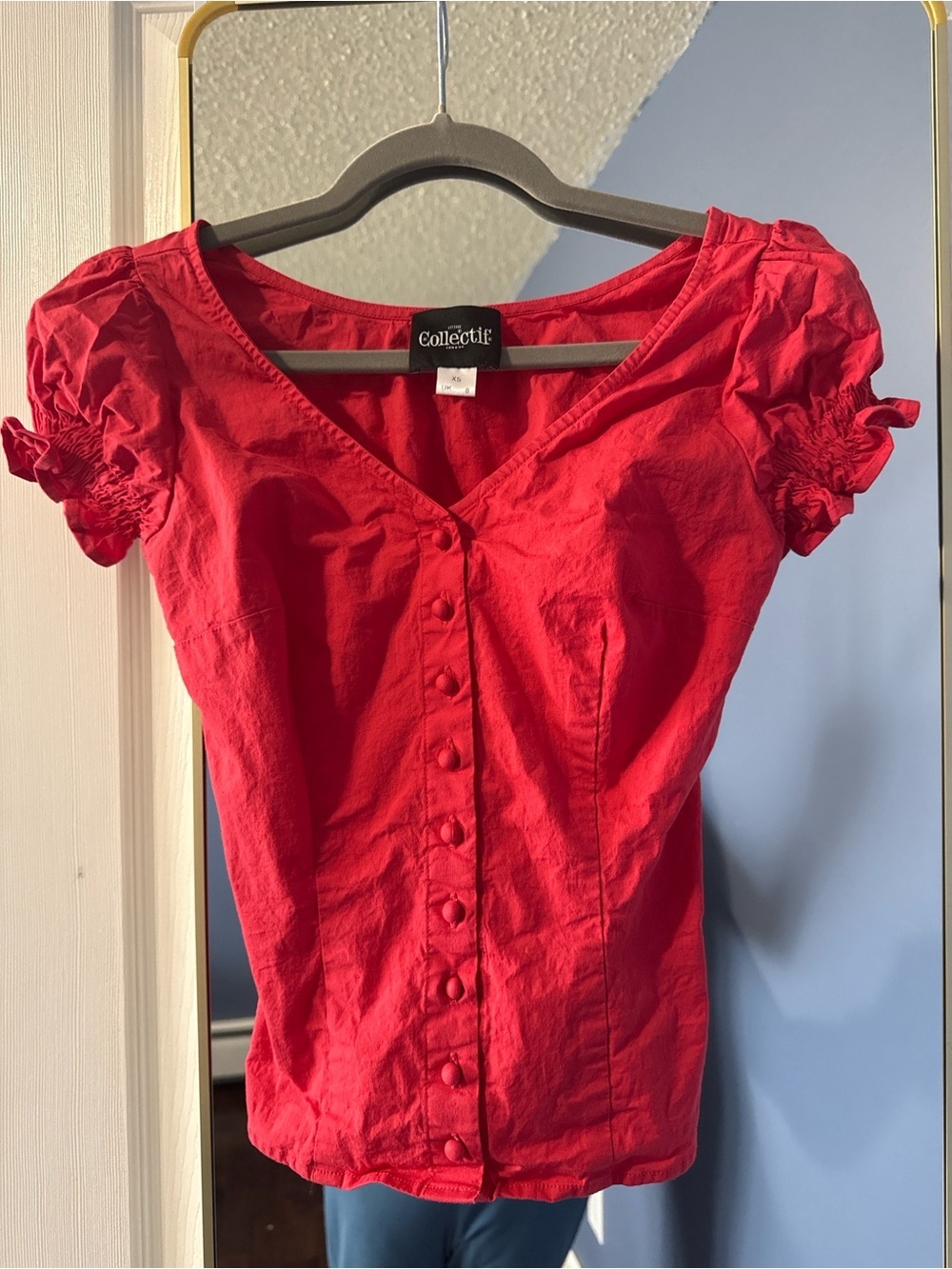 Collectif London Red Puff Sleeve Milkmaid Top XS Retro Pinup Coquette Blouse - Picture 3 of 4